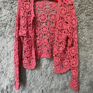 crochet pink button up cardigan